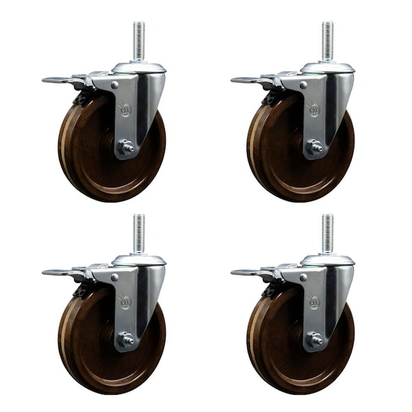 5 Inch High Temp Phenolic 34 Inch Stem Caster Set with Total Lock Brake
